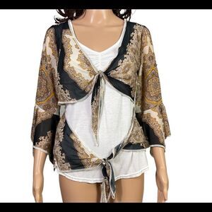 Zone Bleue Paris white with scarf print double tie front bell sleeves blouse S